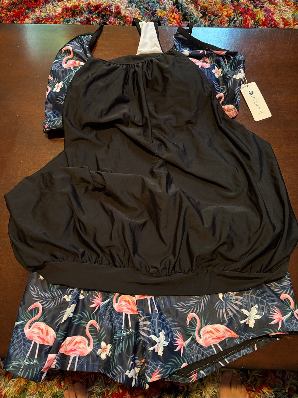 Holipick pink flamingo on navy two-piece blouson tankini swimsuit boyshorts NWT